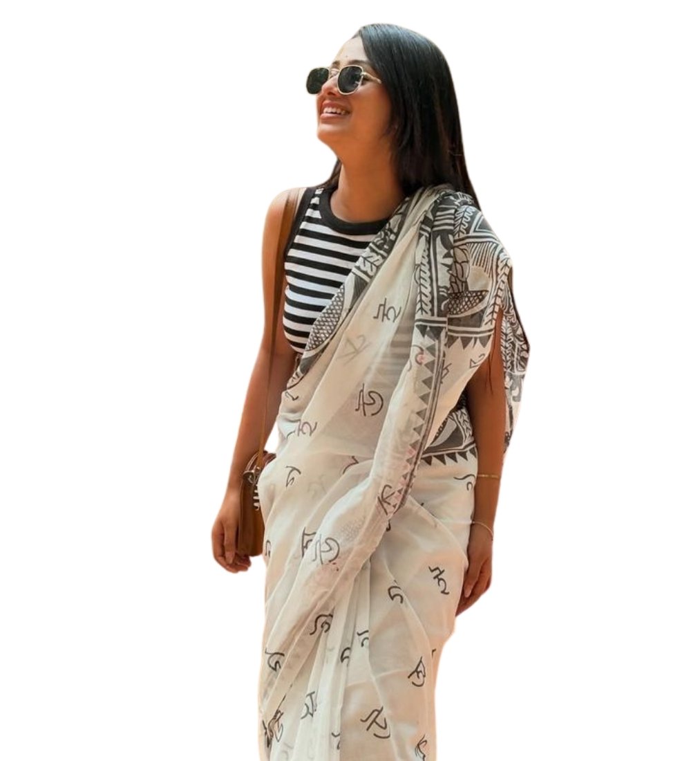 Women's Linen Kalamkari Printed Saree With Unstitched Blouse - 5.5 Mtr (White-Black) - Image 2