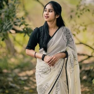 Women's Linen Floral Printed Saree With Unstitched Blouse - 5.5 Mtr (White-Black)