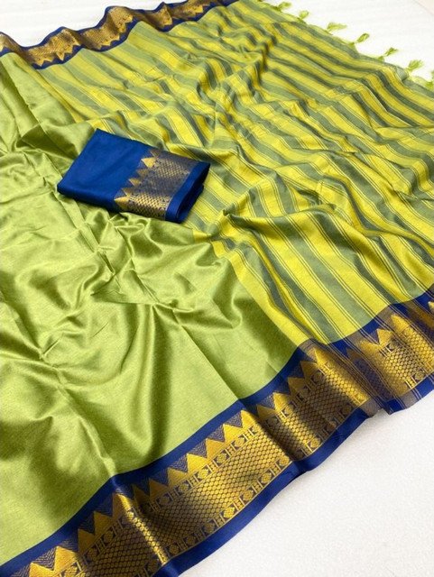 Women's Cotton Silk Striped Saree With Unstitched Blouse - 5.5 Mtr (Pista Green-Blue) - Image 3