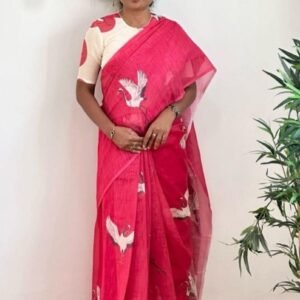 Women's Linen Printed Saree With Unstitched Blouse - 5.5 Mtr (Pink)