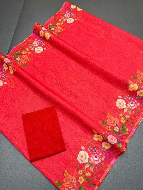 Women's Linen Floral Printed Saree With Unstitched Blouse - 5.5 Mtr (Red) - Image 5