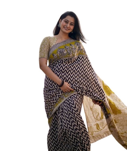 Women's Linen Kalamkari Printed Saree With Unstitched Blouse - 5.5 Mtr (Purple) - Image 2