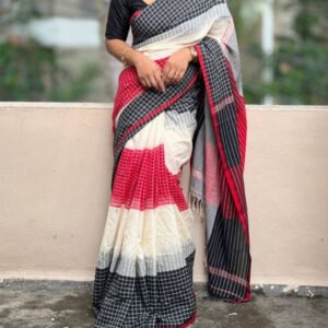 Women's Linen Checkered Saree With Unstitched Blouse - 5.5 Mtr (Multicolor)