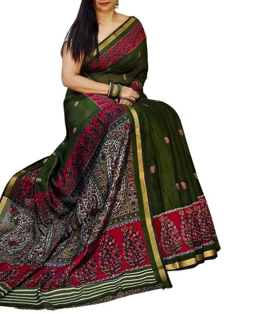 Women's Linen Kalamkari Printed Saree With Unstitched Blouse - 5.5 Mtr (Green-Pink) - Image 2