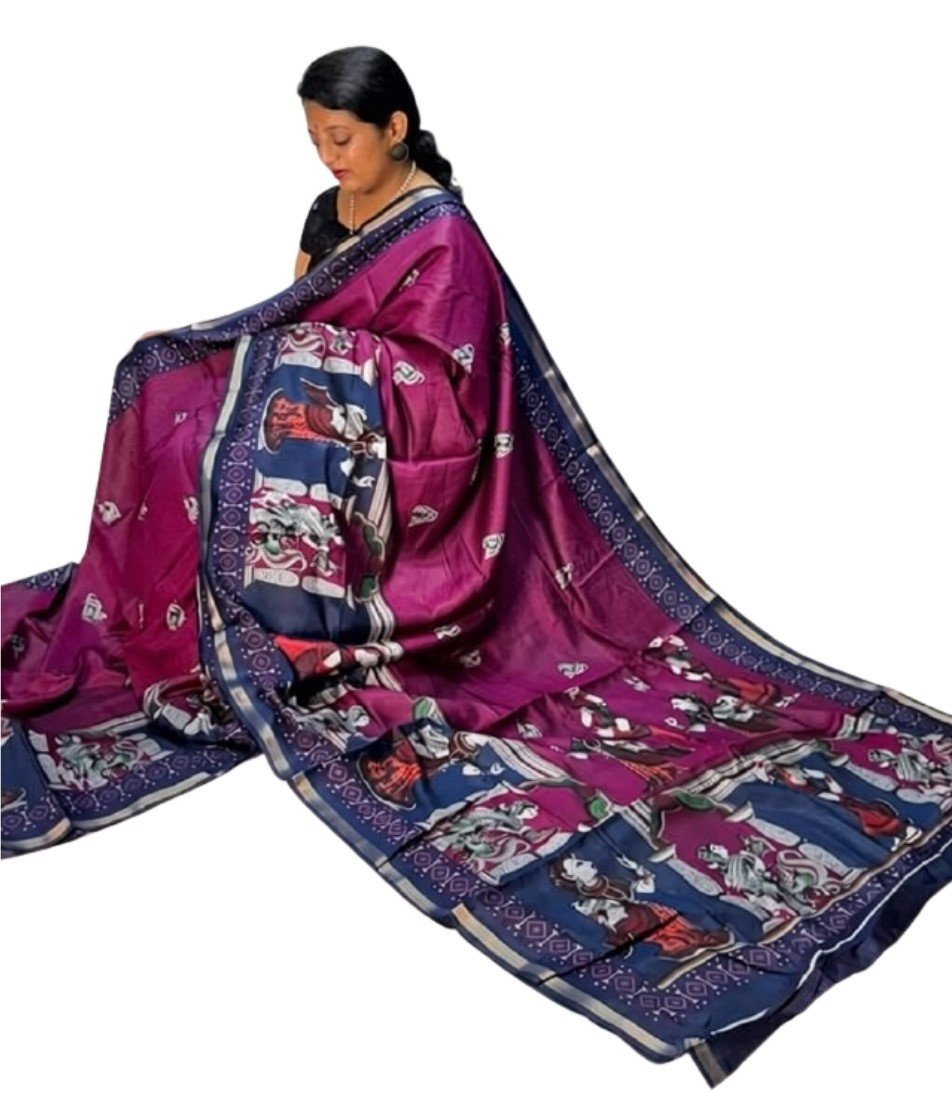 Women's Linen Kalamkari Printed Saree With Unstitched Blouse - 5.5 Mtr (Magenta-Navy Blue) - Image 2